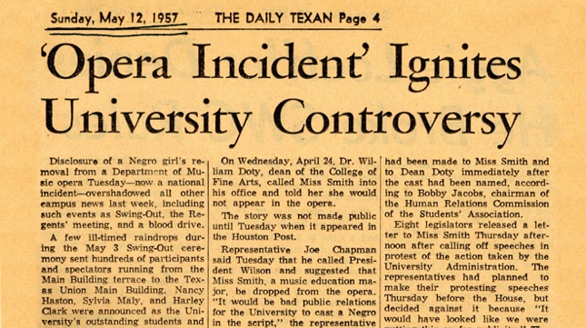 Headline from the University of Texas Daily Texan newspaper, May 12, 1957