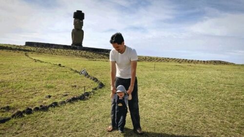 filmmaker Sergio Rapu with son on Easter Island