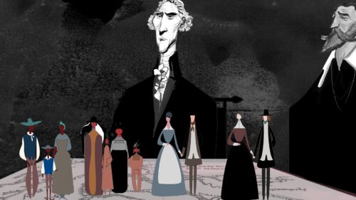 illustration of white man looking at families with different skin color