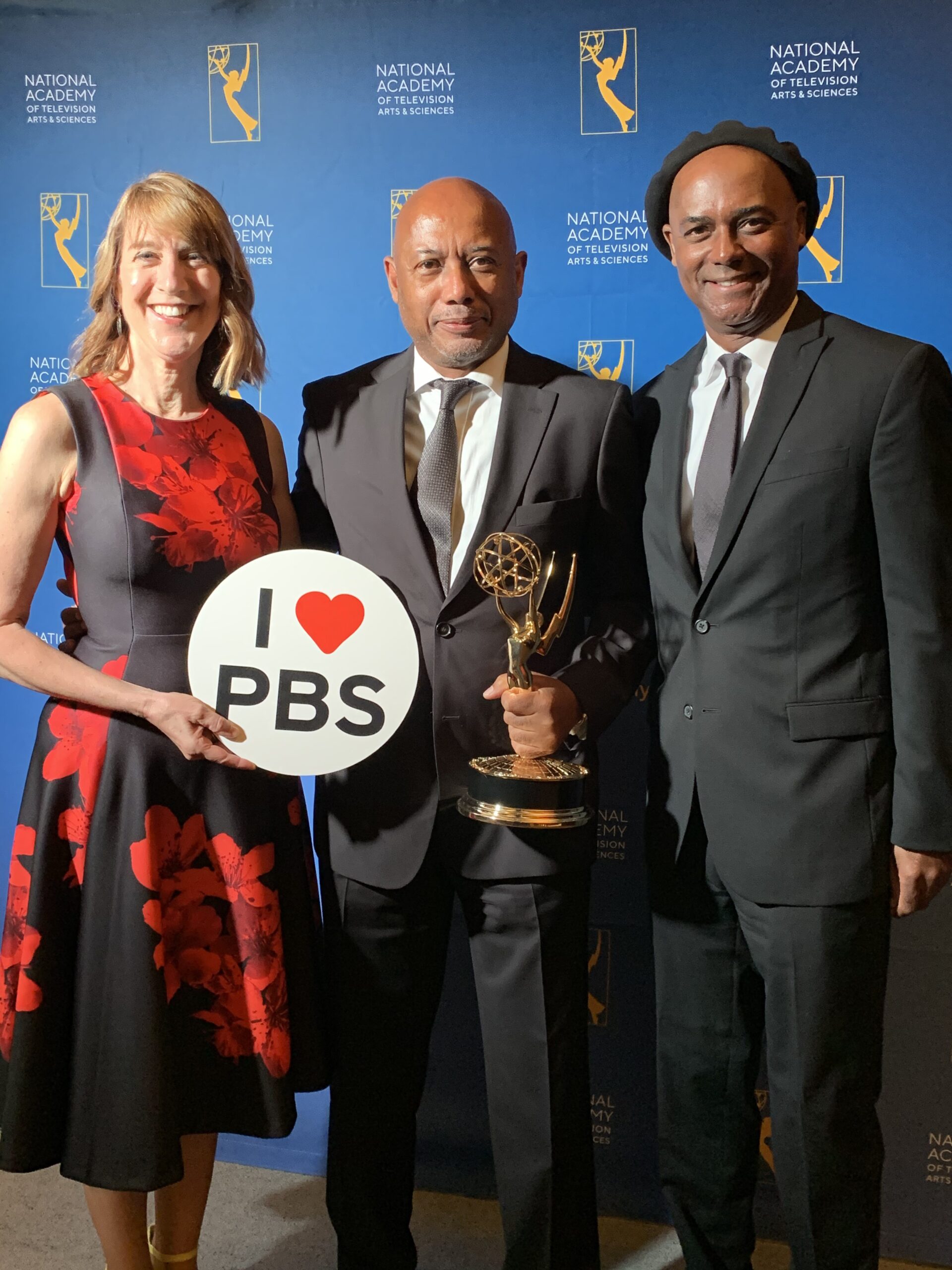 Lois Vossen with Raoul Peck and Herbert Peck for I Am Not Your Negro Emmy win