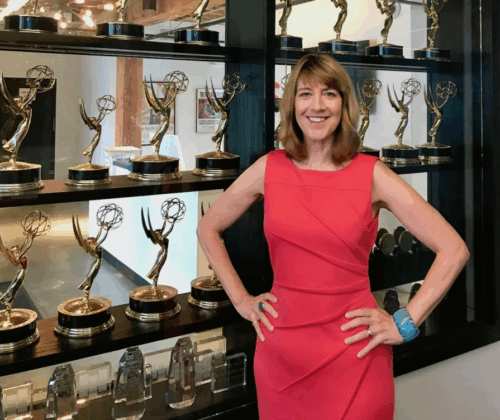 Lois Vossen amidst her many awards, at the ITVS office