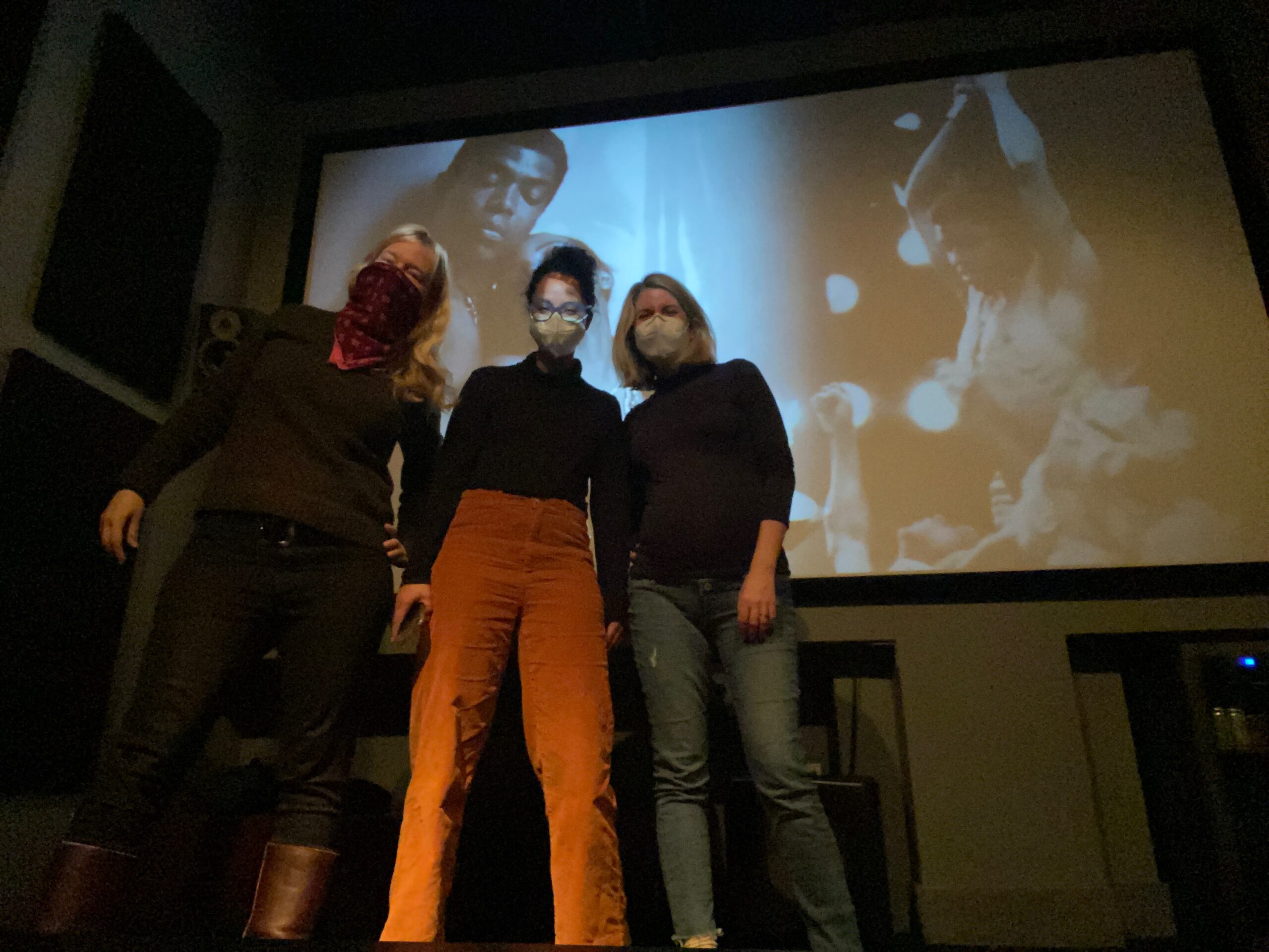 Ailey filmmakers Jamila Wignot (center) and Lauren DeFilippo (right), along with editor Annukka Lilja (left) at the final color and online edit viewing of Ailey