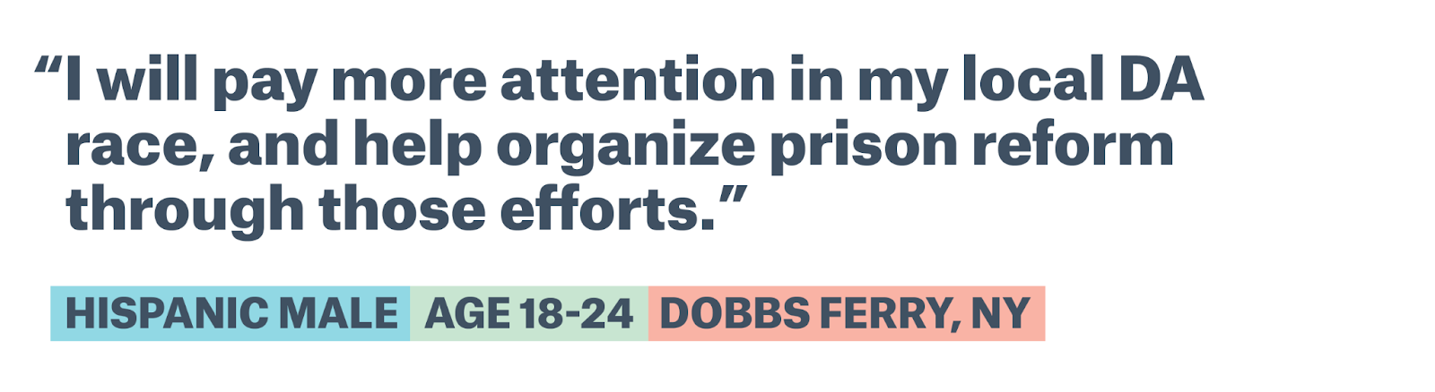 Appears to contain quote text by a hispanic male age 18-24 from Dobbs Ferry, NY: I will pay more attention in my local DA race, and help organize prison reform through those efforts.