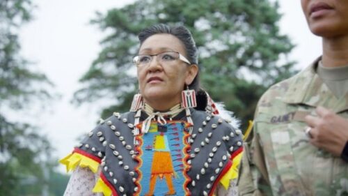  Yufna Soldier Wolf, Northern Arapaho, talks to Army representative Col. Gainey outside Carlisle Indian Cemetery, Carlisle PA, 2017