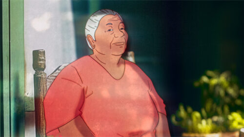 cartoon of grey haired older woman semi blurred