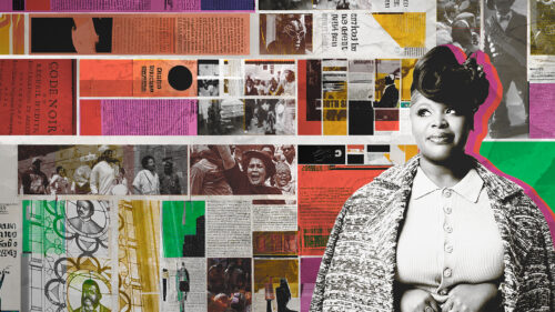 A woman stands in front of a colorful collage of historical photos, newspaper clippings, and documents.