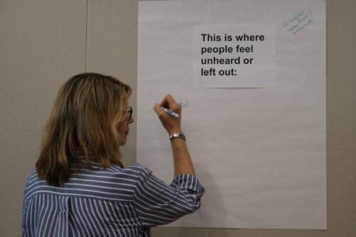 A woman writes on a large blank paper titled This is where people feel unheard or left out that is taped to a wall.