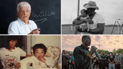 A collage of four photos: an older woman at a chalkboard, a man holding a baby, two children smiling, and a man speaking to a crowd outdoors at sunset.