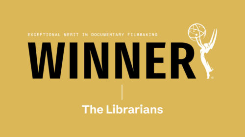Gold background features “EXCEPTIONAL MERIT IN DOCUMENTARY FILMMAKING WINNER” above a white Emmy statuette illustration, with “The Librarians” in white text below.